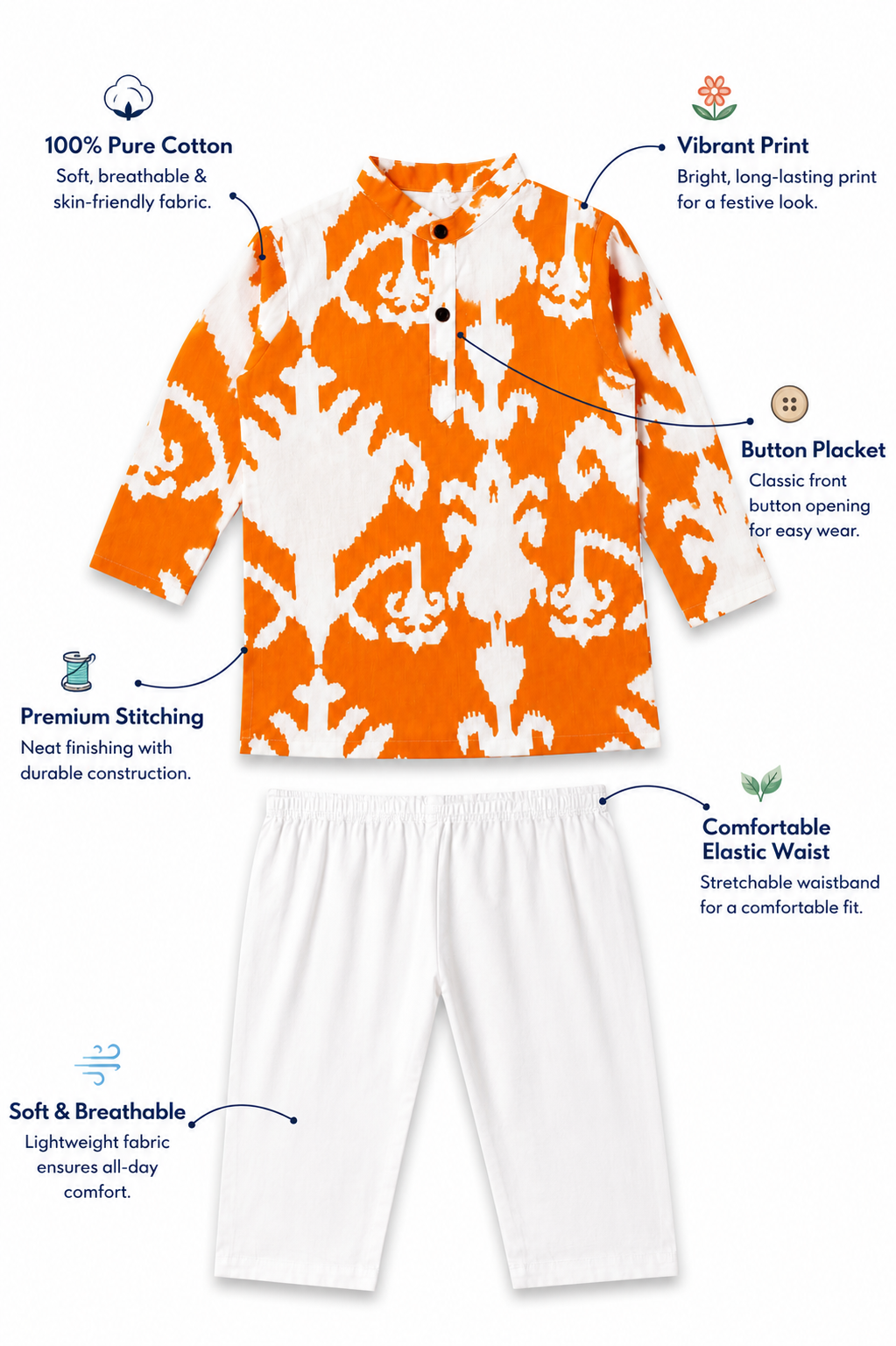 Orange & White Cotton Kurta Pajama Set