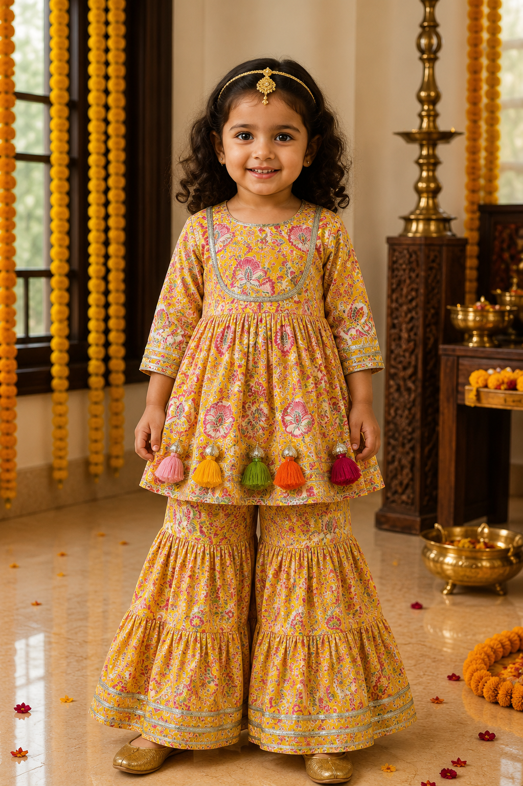 Yellow Floral Peplum Kurti & Sharara Set