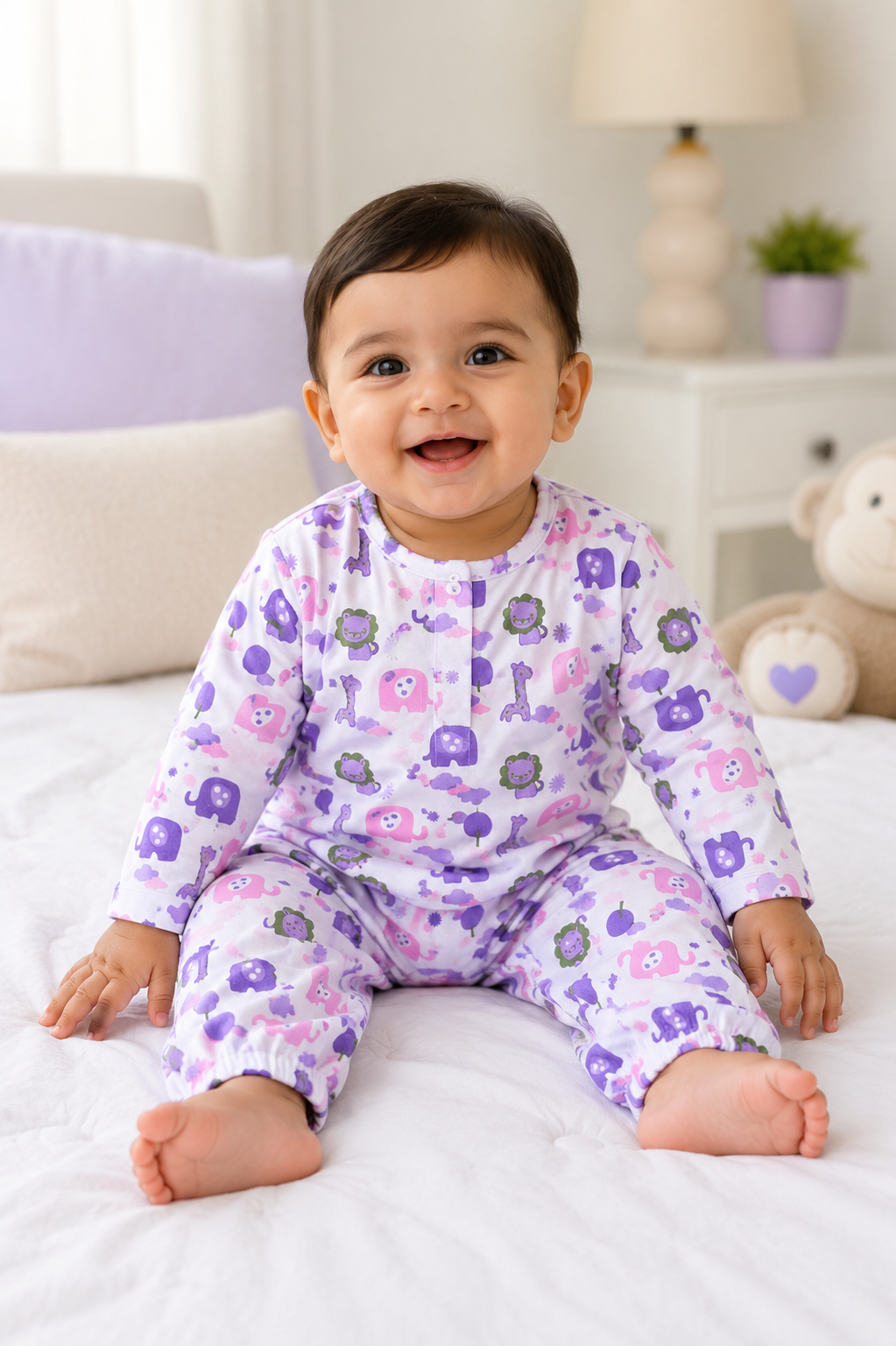 Lavender Animal Print Cotton Night Suit | Full Sleeve Top & Pyjama Set