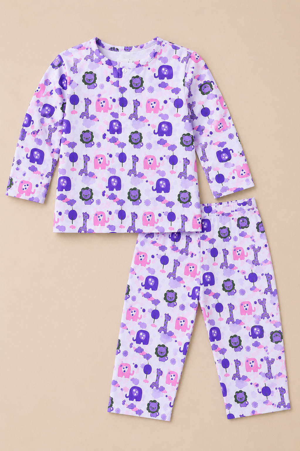 Lavender Animal Print Cotton Night Suit | Full Sleeve Top & Pyjama Set