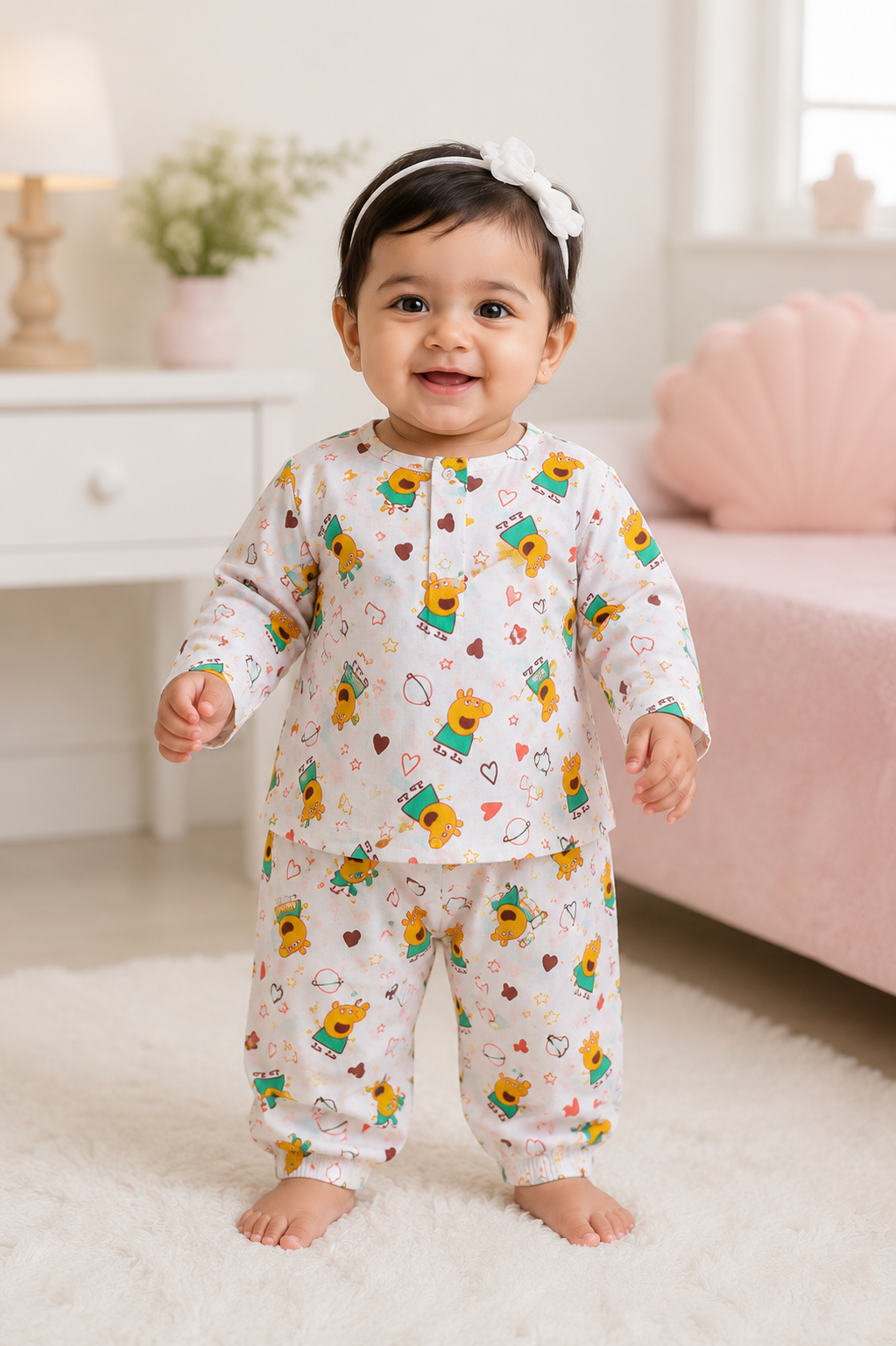 Cartoon Print Cotton Night Suit | Full Sleeve Top & Pyjama Set