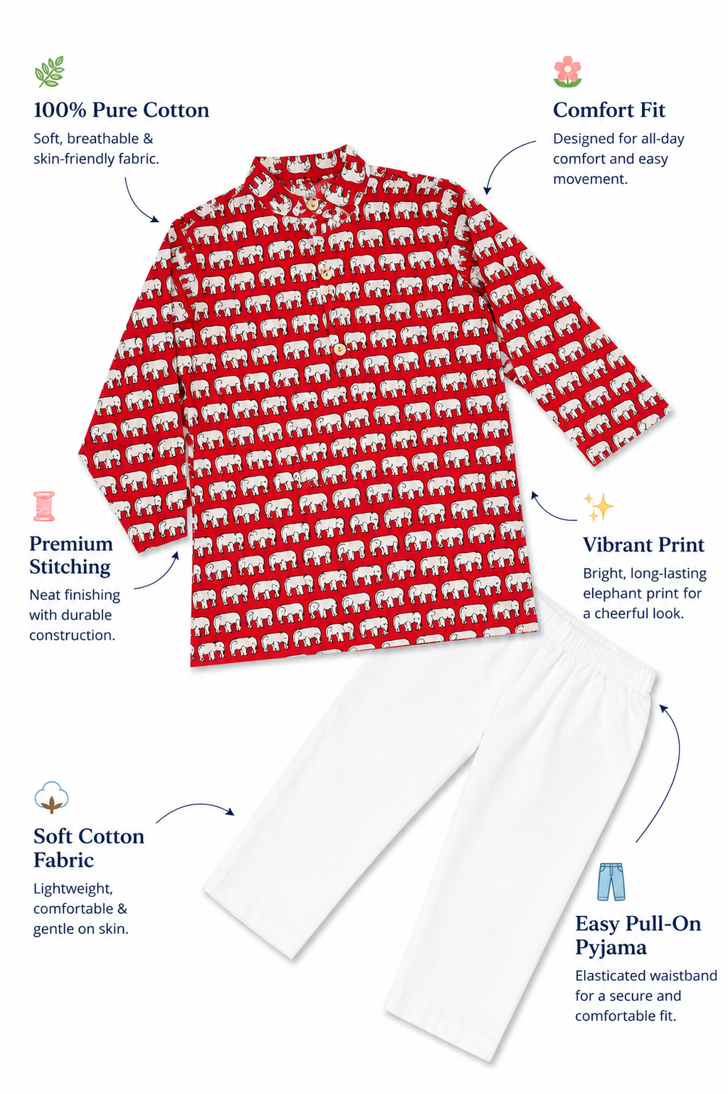 Red Elephant Print Cotton Kurta Pajama Set