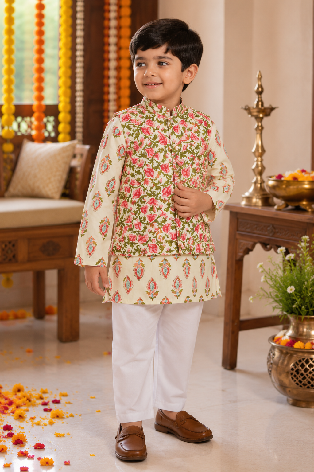 Floral Nehru Jacket Kurta Pajama Set