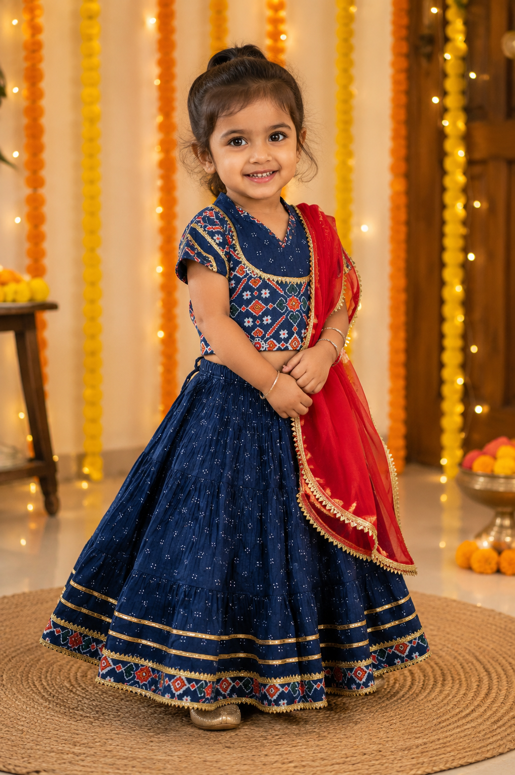 Navy Blue Lehenga Choli with Red Dupatta | Festive Ethnic Wear Set for Girls