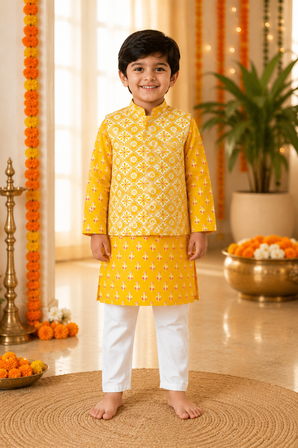 Dark Yellow Cotton Kurta Pyjama Set with Printed Nehru Jacket