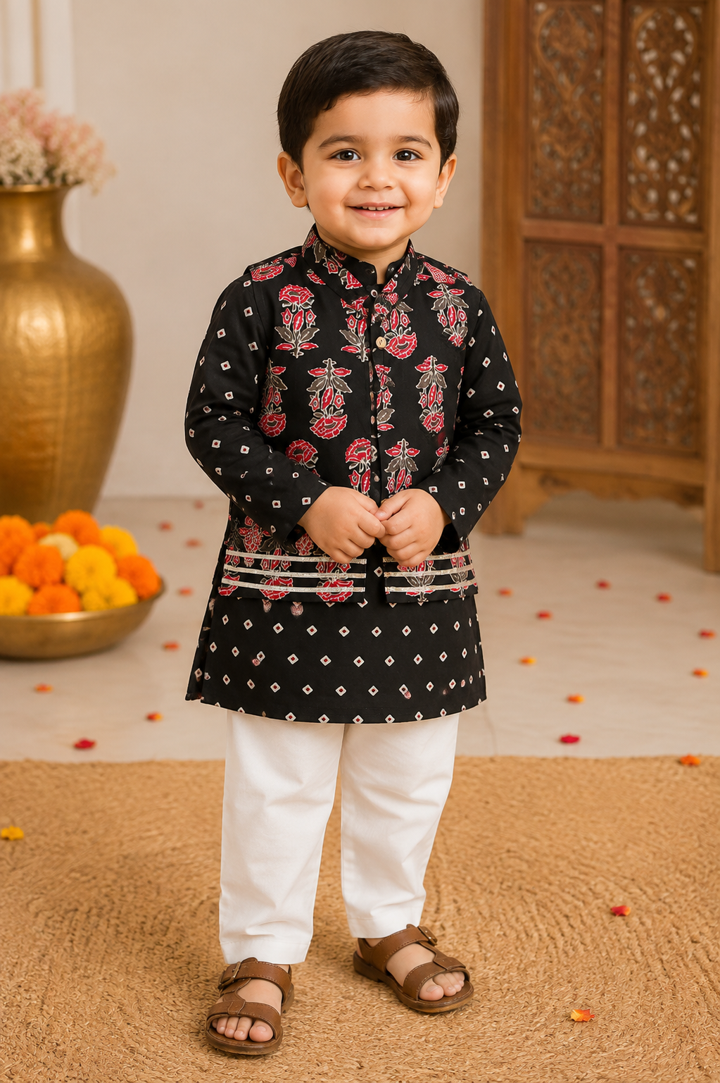 Black Printed Kurta Pajama with Nehru Jacket Set