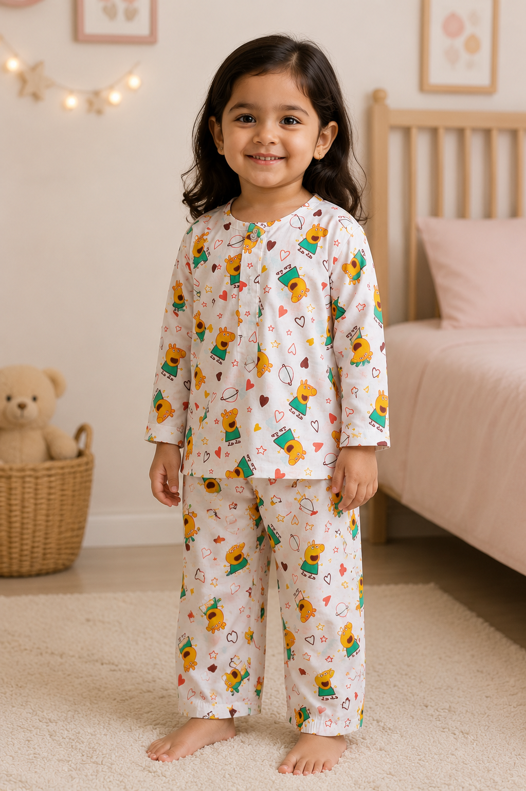 Cartoon Print Cotton Night Suit | Full Sleeve Top & Pyjama Set