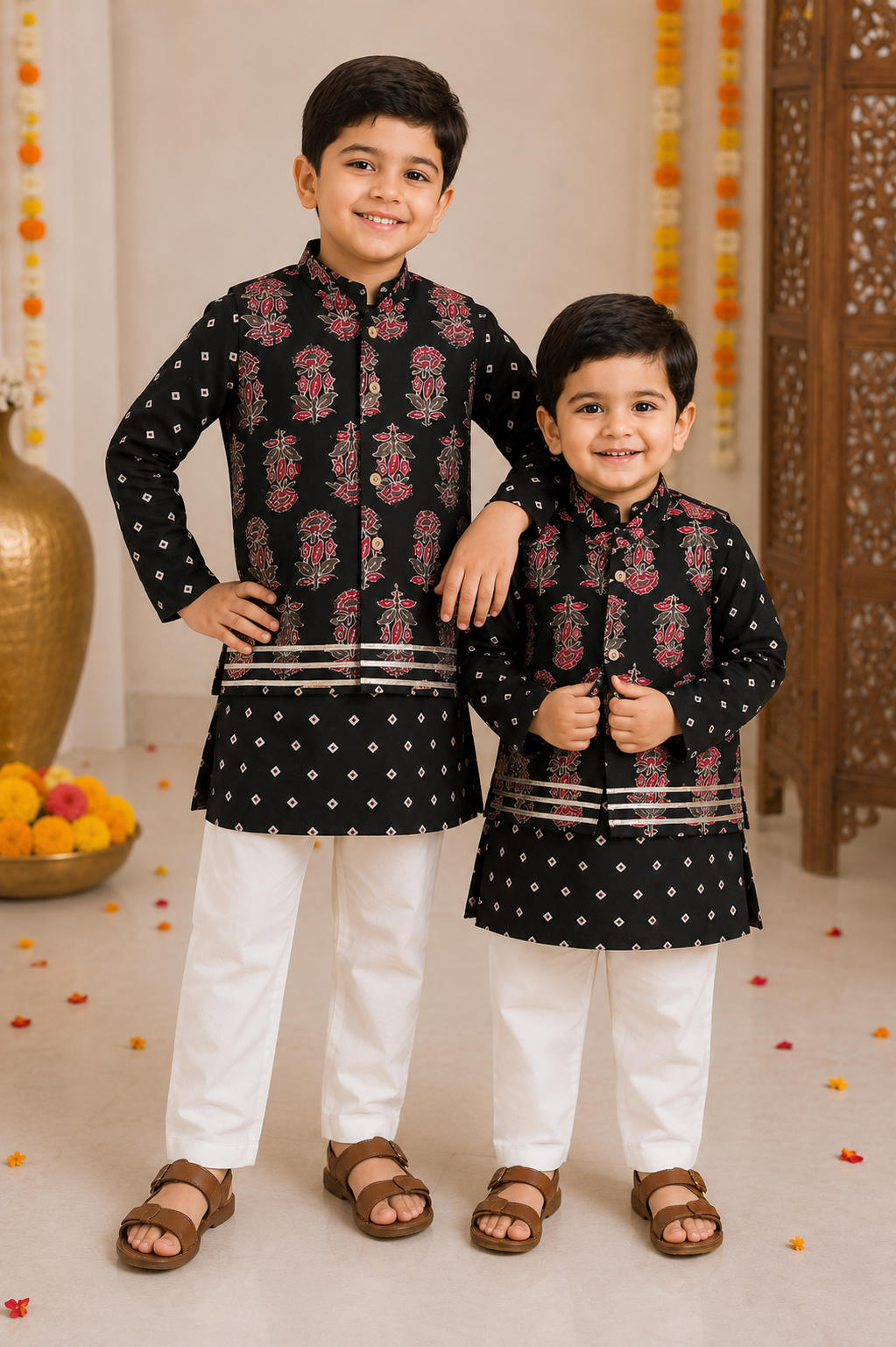 Black Printed Kurta Pajama with Nehru Jacket Set
