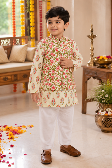 Floral Nehru Jacket Kurta Pajama Set