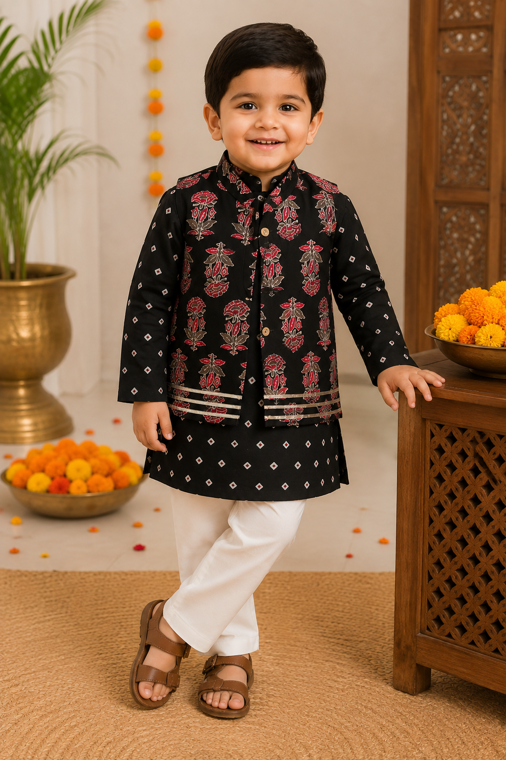 Black Printed Kurta Pajama with Nehru Jacket Set