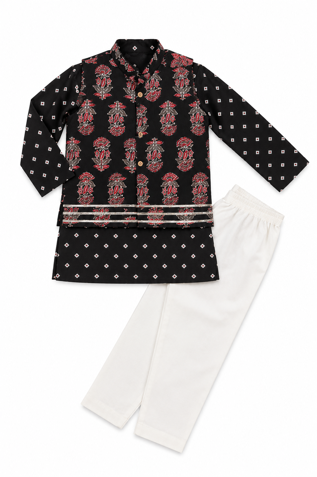 Black Printed Kurta Pajama with Nehru Jacket Set