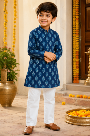 Navy Blue Cotton Kurta Pajama Set