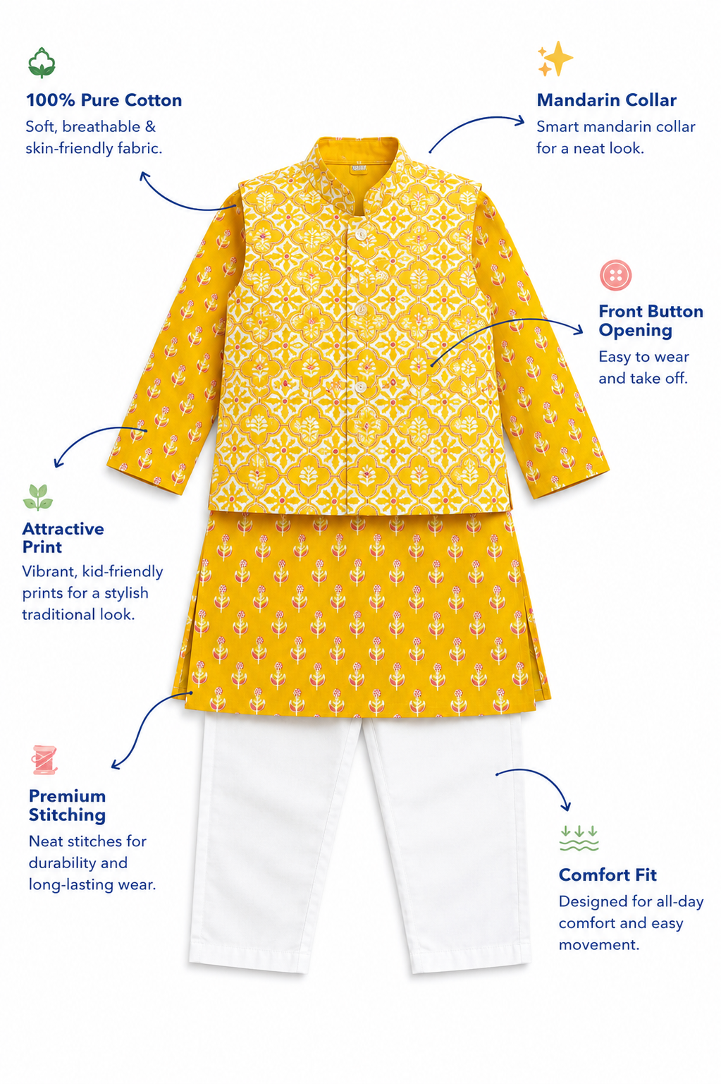 Dark Yellow Cotton Kurta Pyjama Set with Printed Nehru Jacket