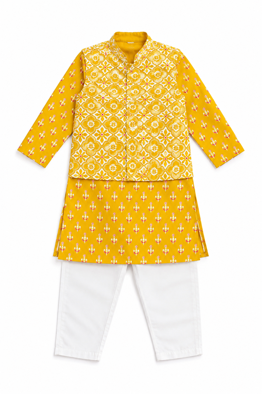 Dark Yellow Cotton Kurta Pyjama Set with Printed Nehru Jacket