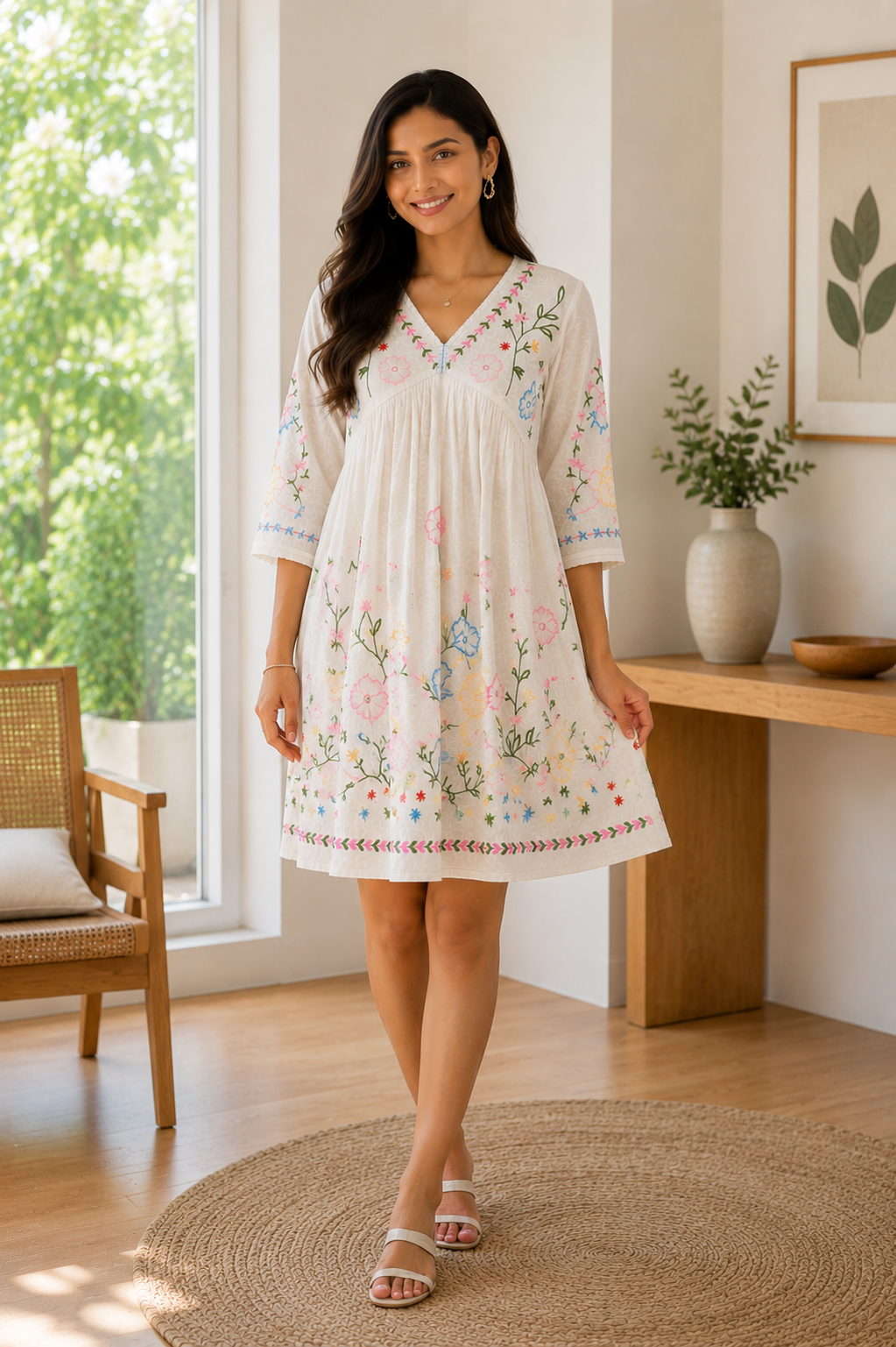 White Floral Embroidered Cotton Tunic