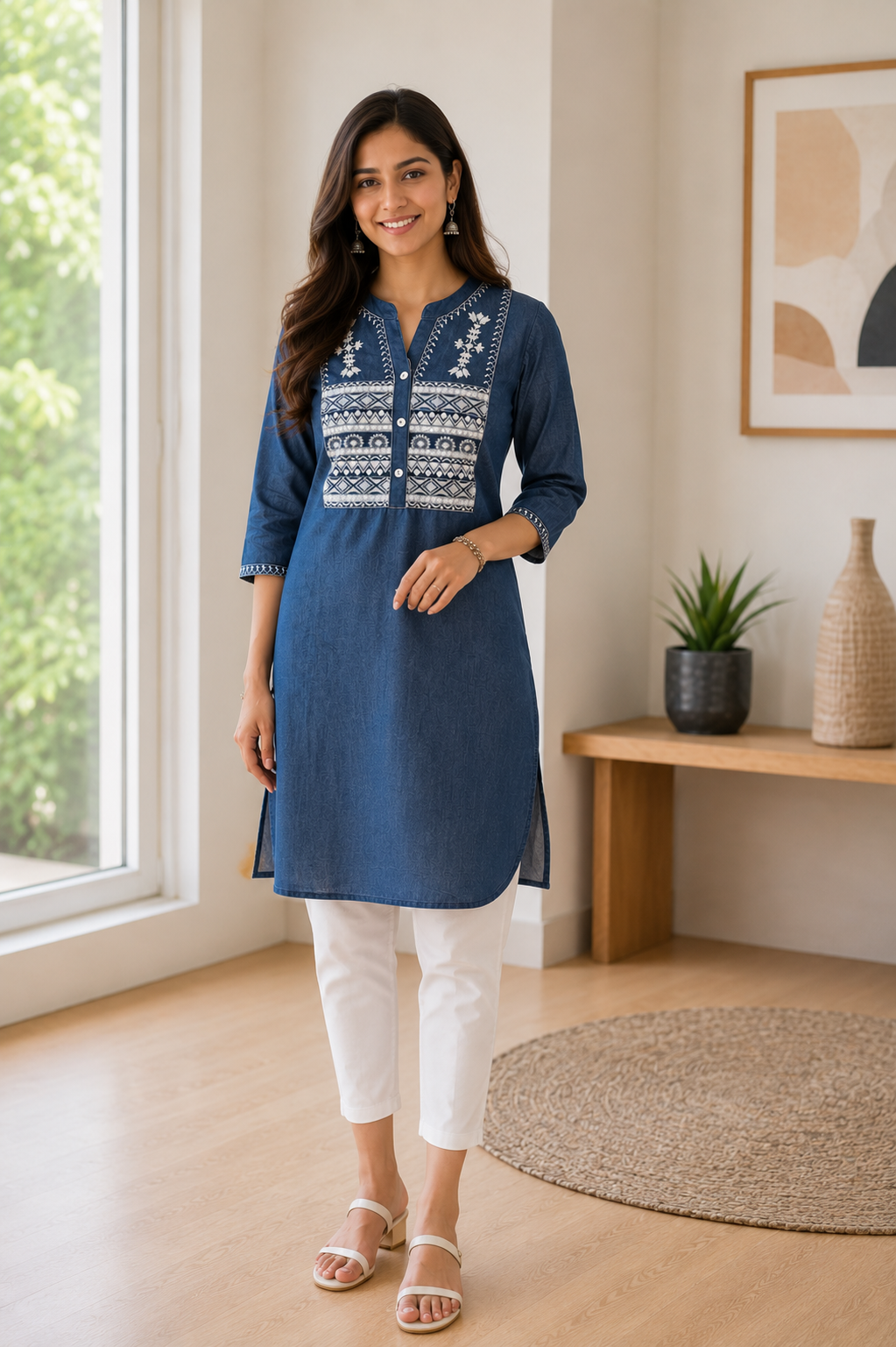 Blue Embroidered Denim Kurti