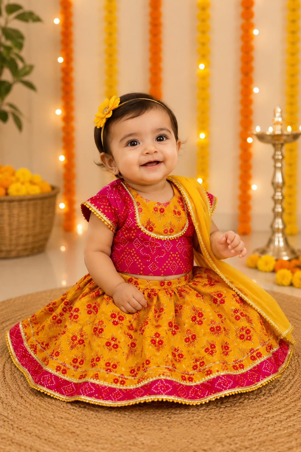 Mustard & Pink Lehenga Choli with Dupatta | Pure Cotton Ethnic Festive Wear Set