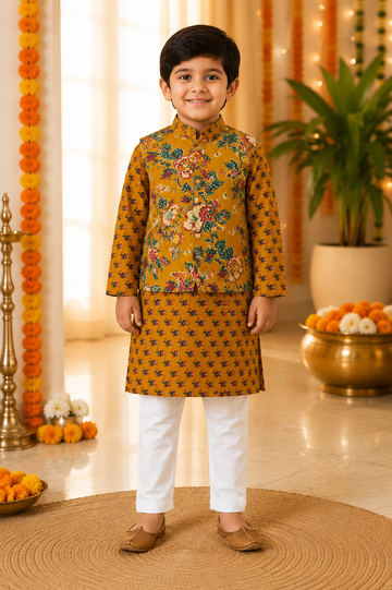 Mustard Floral Cotton Kurta Pajama Set with Printed Nehru Jacket