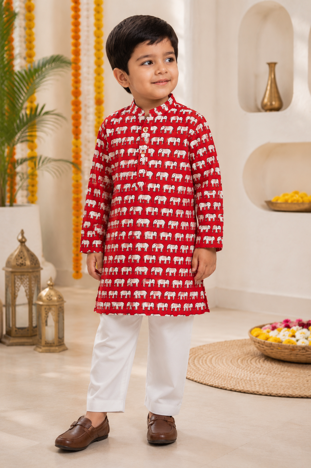 Red Elephant Print Cotton Kurta Pajama Set