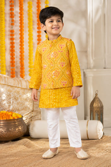 Yellow Cotton Kurta Pajama Set with Printed Nehru Jacket