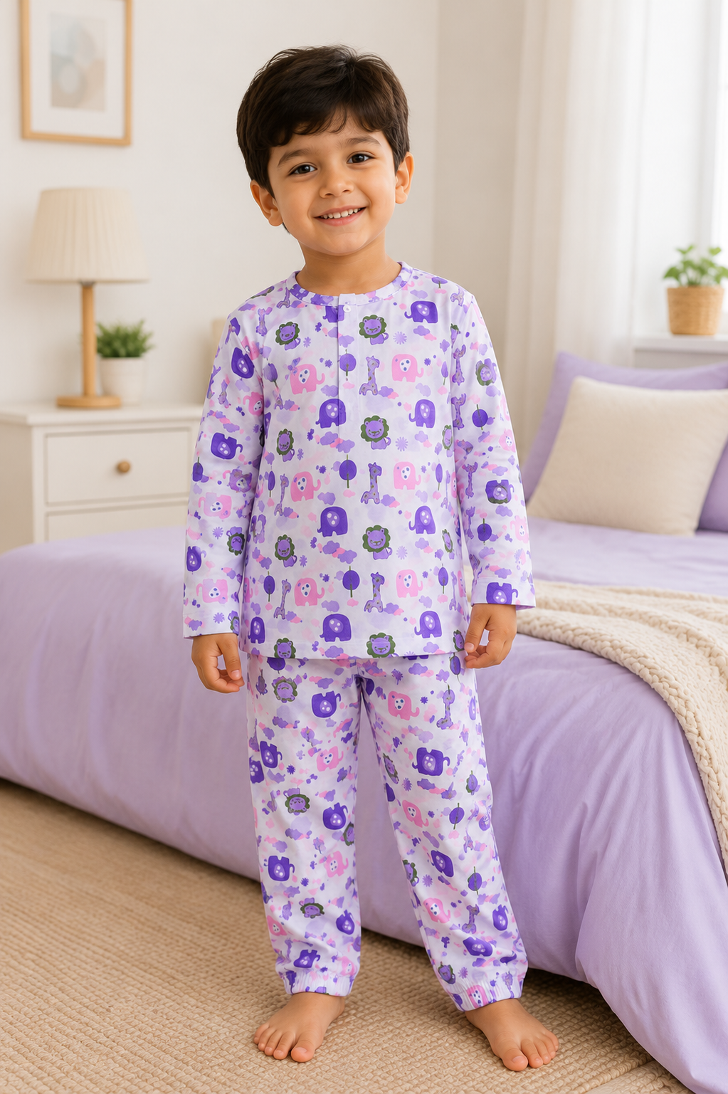 Lavender Animal Print Cotton Night Suit | Full Sleeve Top & Pyjama Set