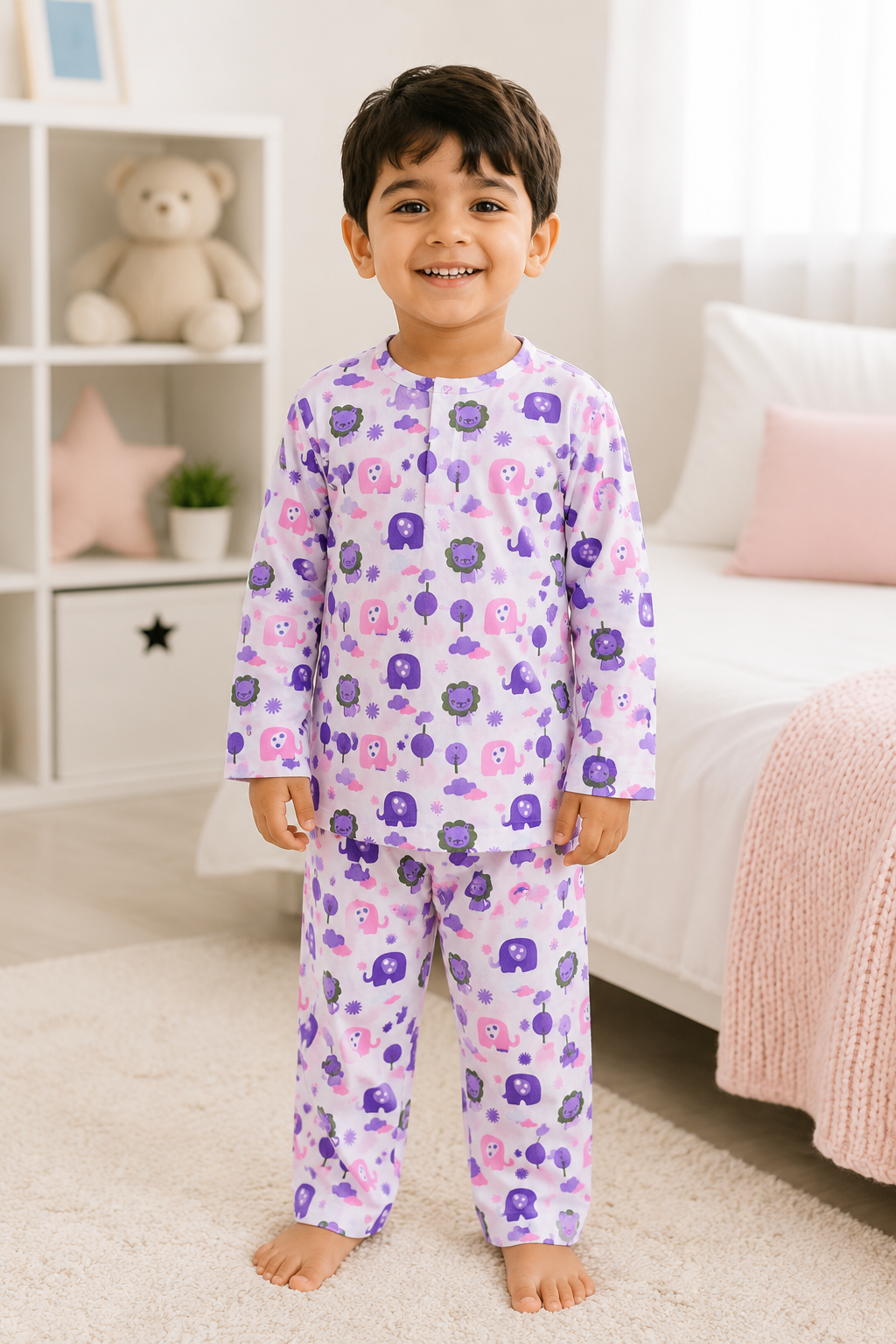 Lavender Animal Print Cotton Night Suit | Full Sleeve Top & Pyjama Set