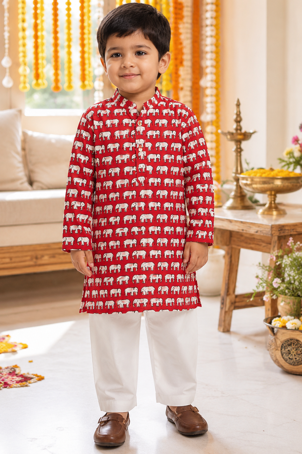 Red Elephant Print Cotton Kurta Pajama Set