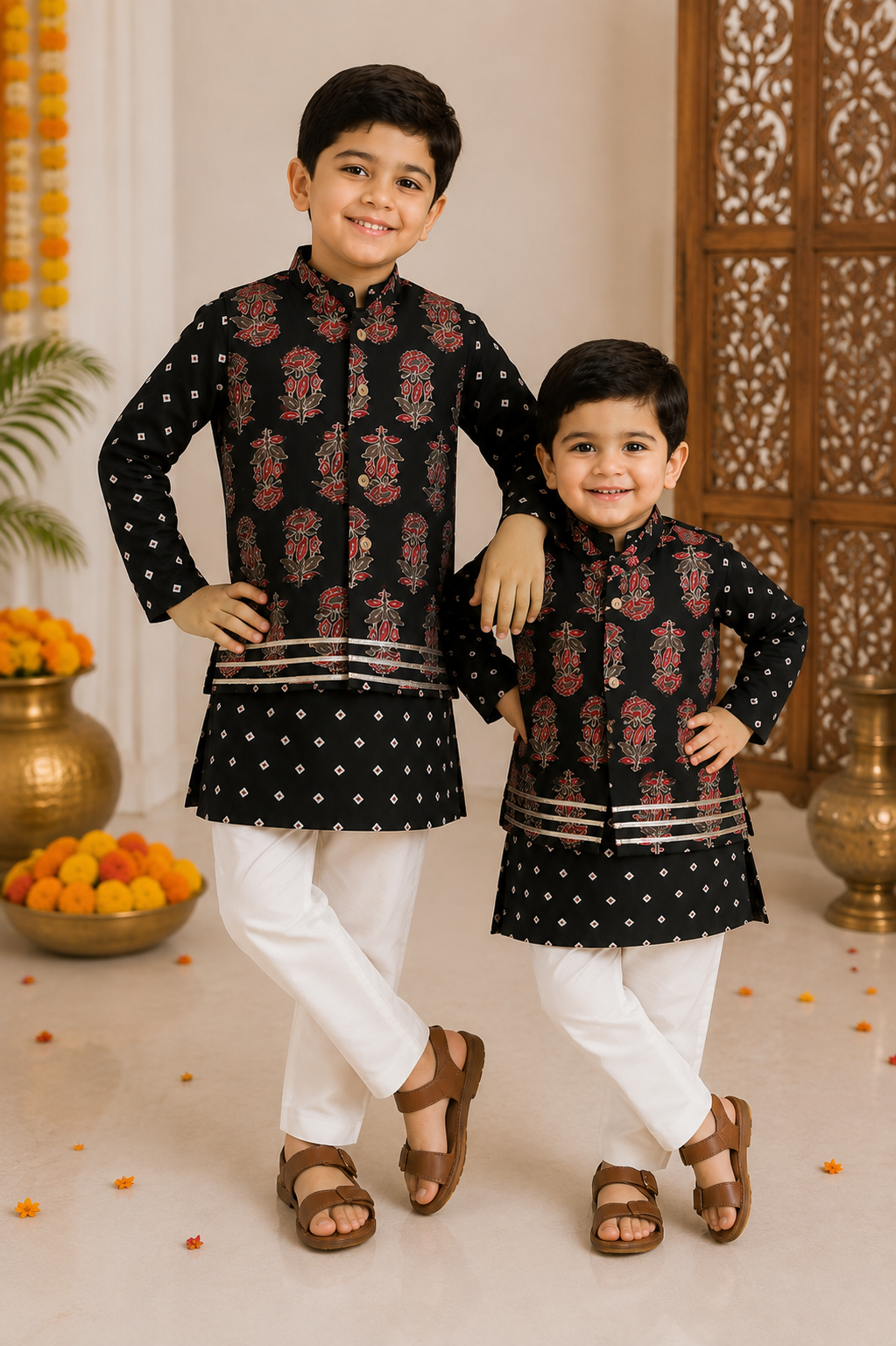 Black Printed Kurta Pajama with Nehru Jacket Set