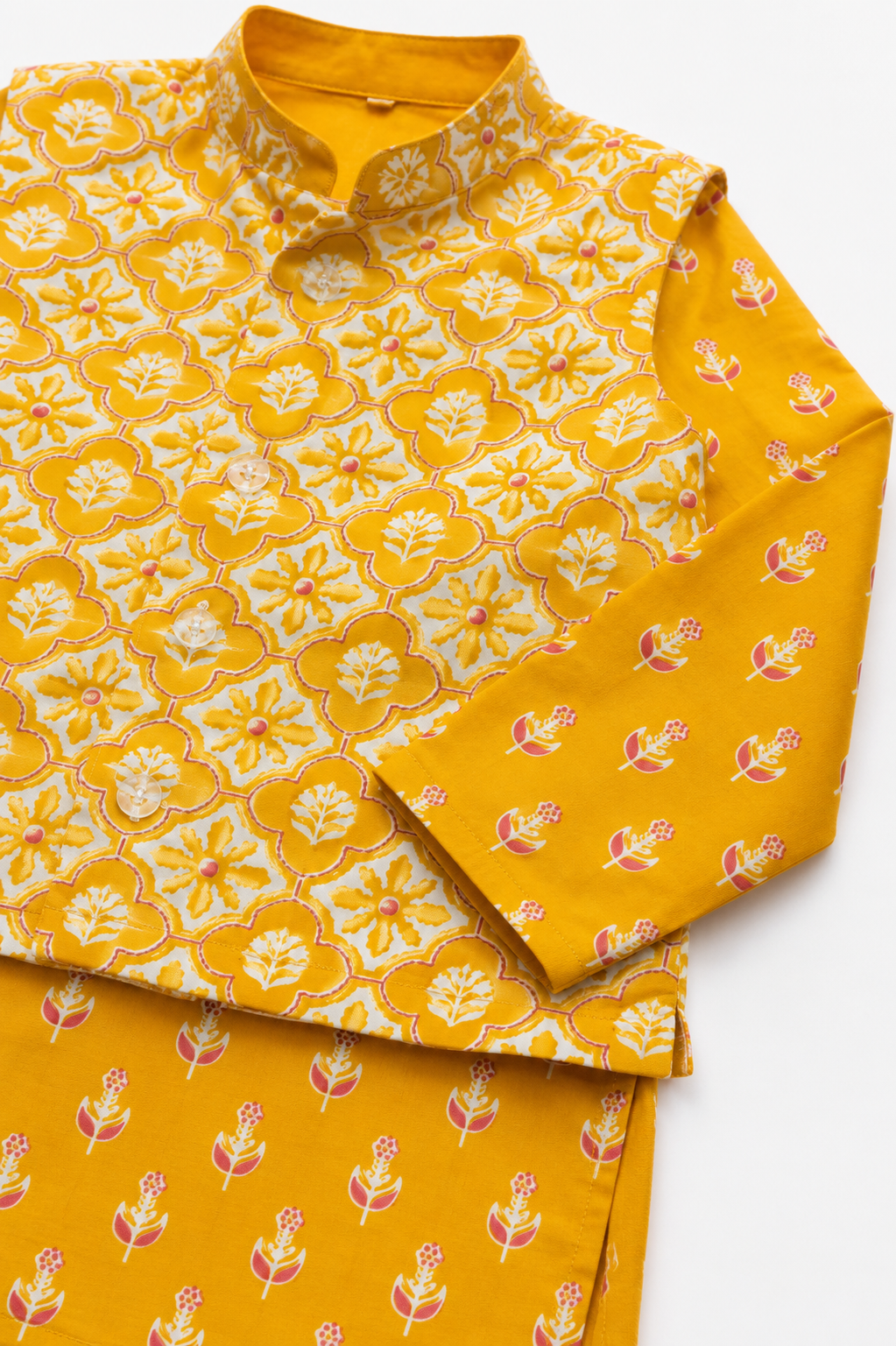 Dark Yellow Cotton Kurta Pyjama Set with Printed Nehru Jacket