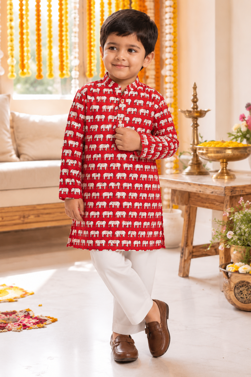 Red Elephant Print Cotton Kurta Pajama Set