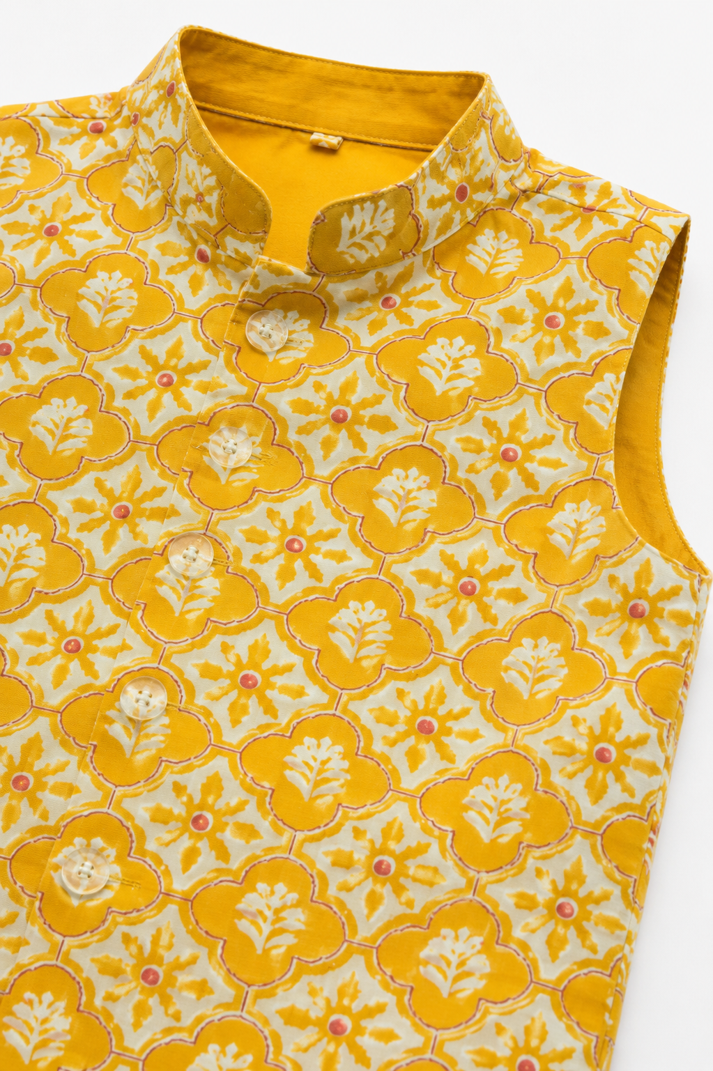 Dark Yellow Cotton Kurta Pyjama Set with Printed Nehru Jacket