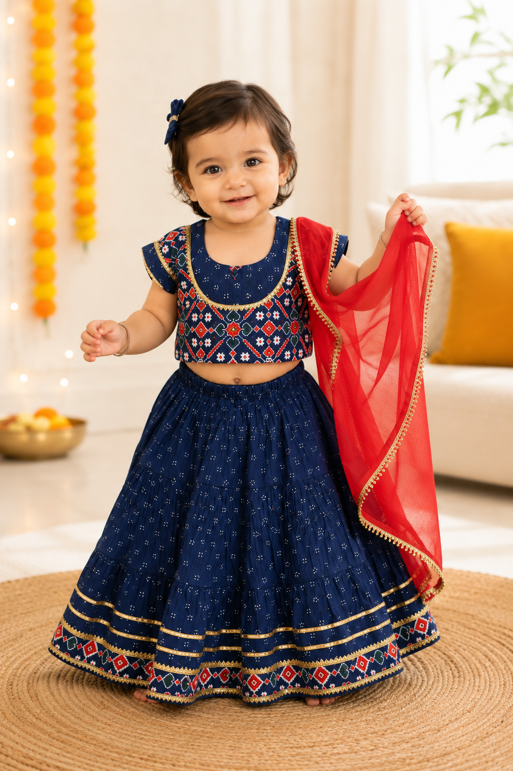 Navy Blue Lehenga Choli with Red Dupatta | Festive Ethnic Wear Set for Girls