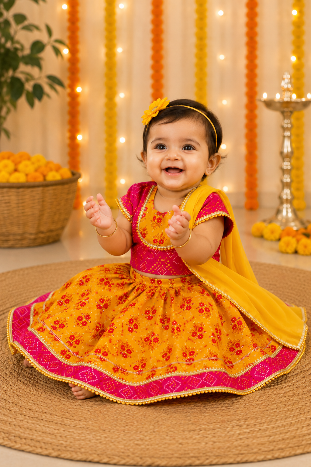 Mustard & Pink Lehenga Choli with Dupatta | Pure Cotton Ethnic Festive Wear Set