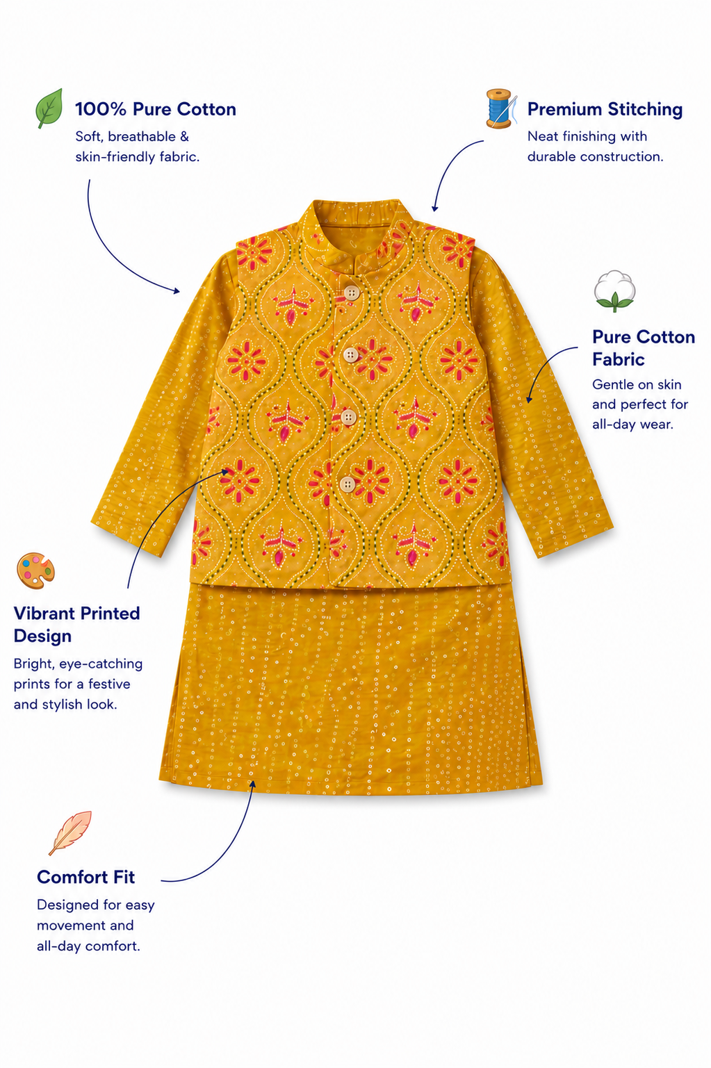 Yellow Cotton Kurta Pajama Set with Printed Nehru Jacket