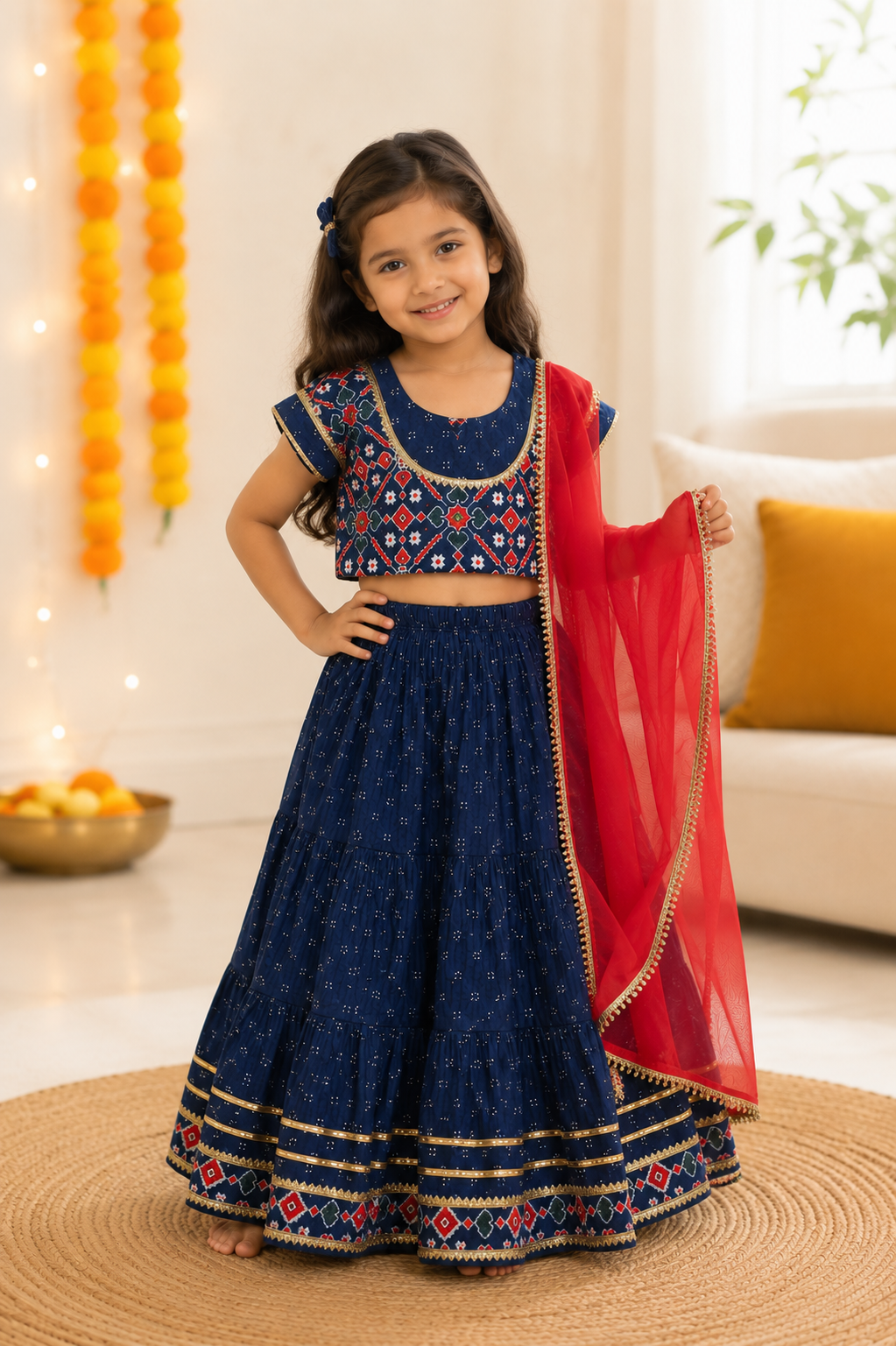 Navy Blue Lehenga Choli with Red Dupatta | Festive Ethnic Wear Set for Girls