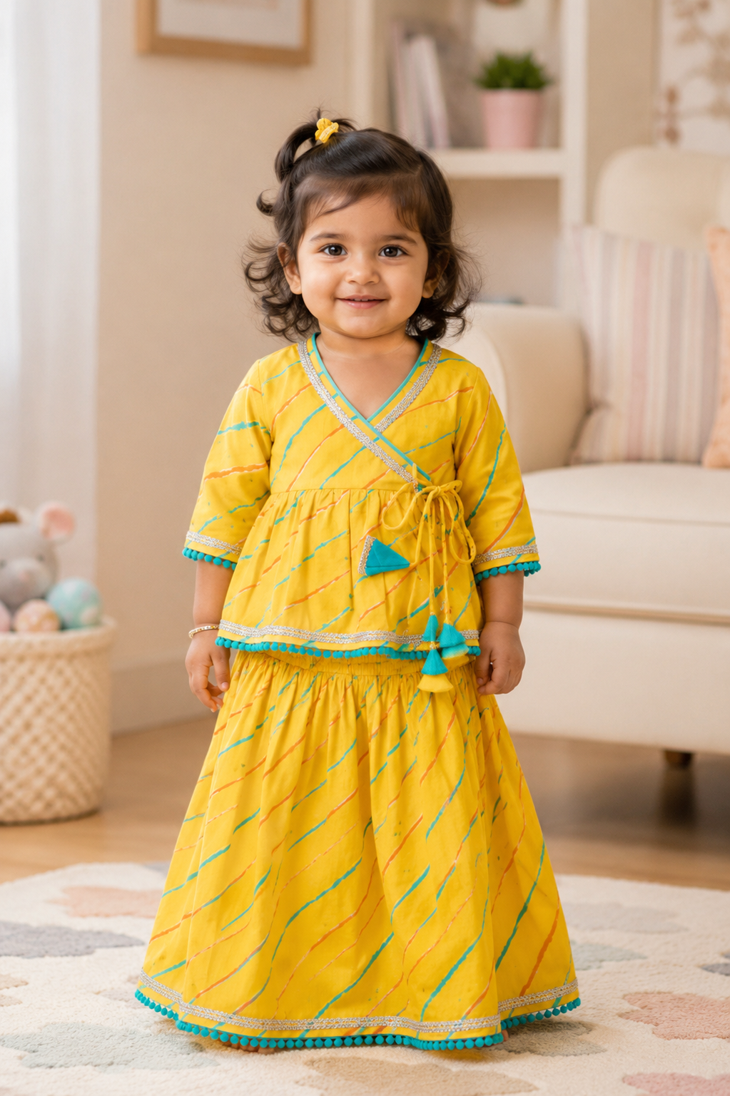 Yellow Leheriya Angrakha Choli with Lehanga