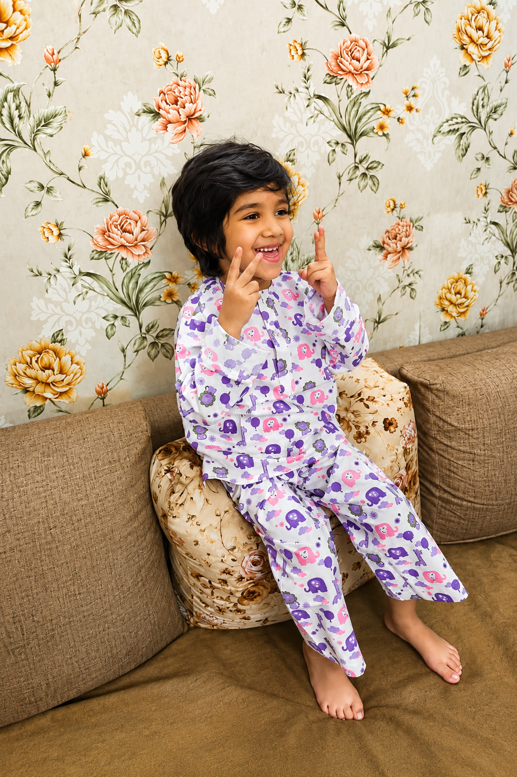 Lavender Animal Print Cotton Night Suit | Full Sleeve Top & Pyjama Set