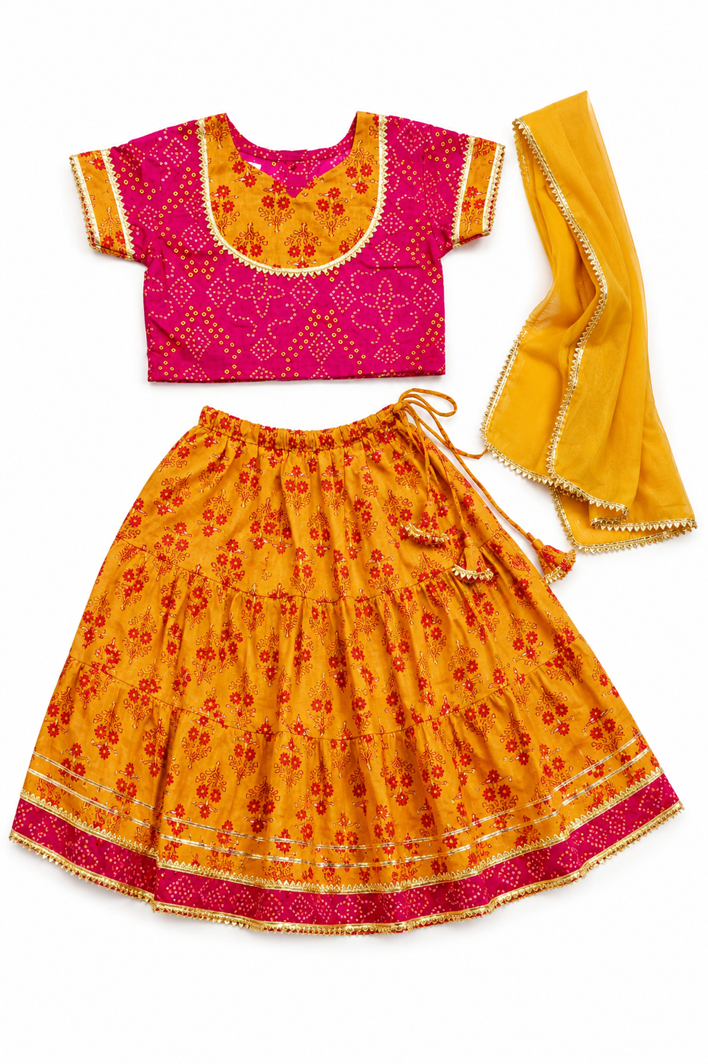Mustard & Pink Lehenga Choli with Dupatta | Pure Cotton Ethnic Festive Wear Set