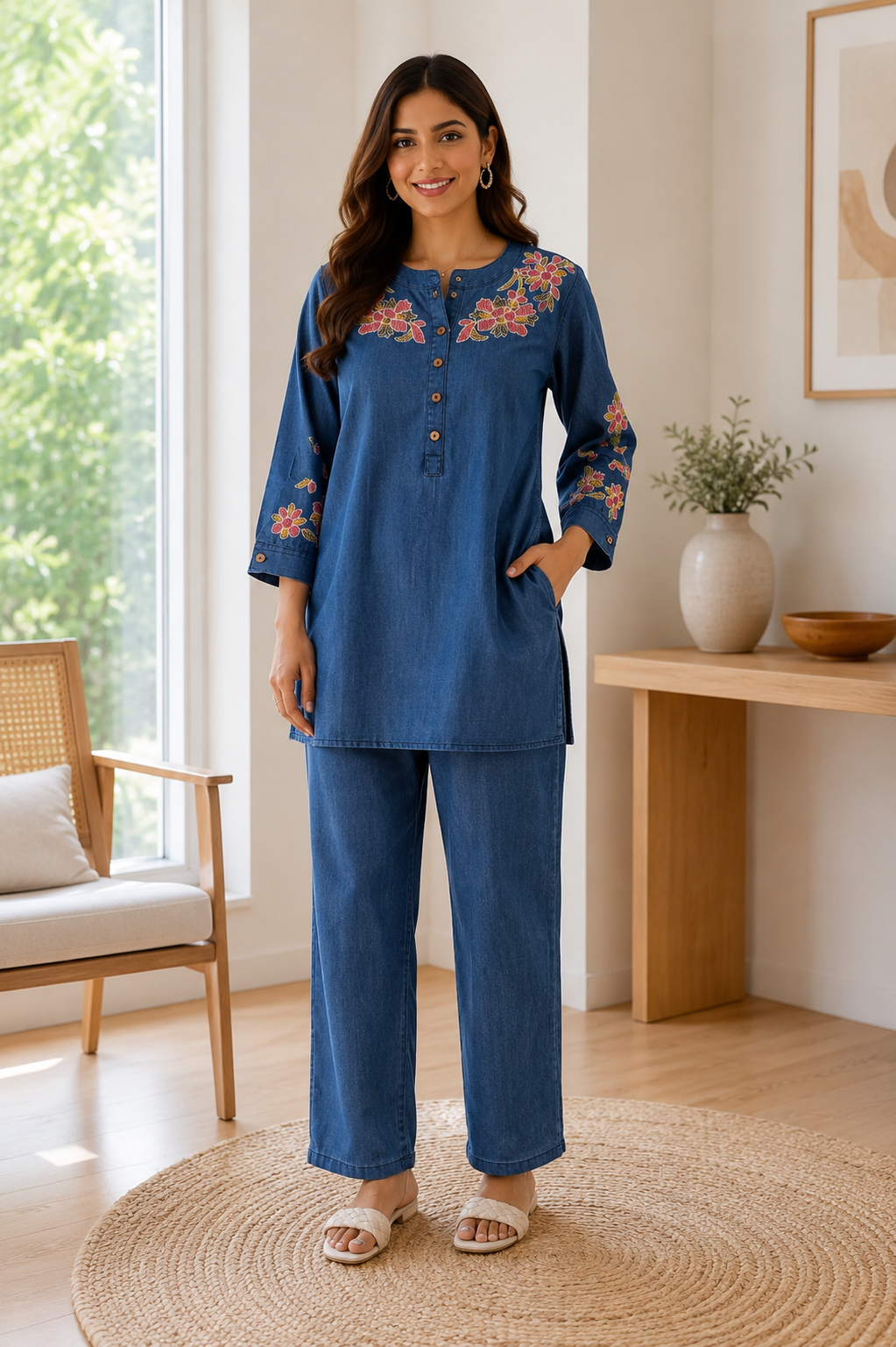 Blue Embroidered Denim Co-Ord Set
