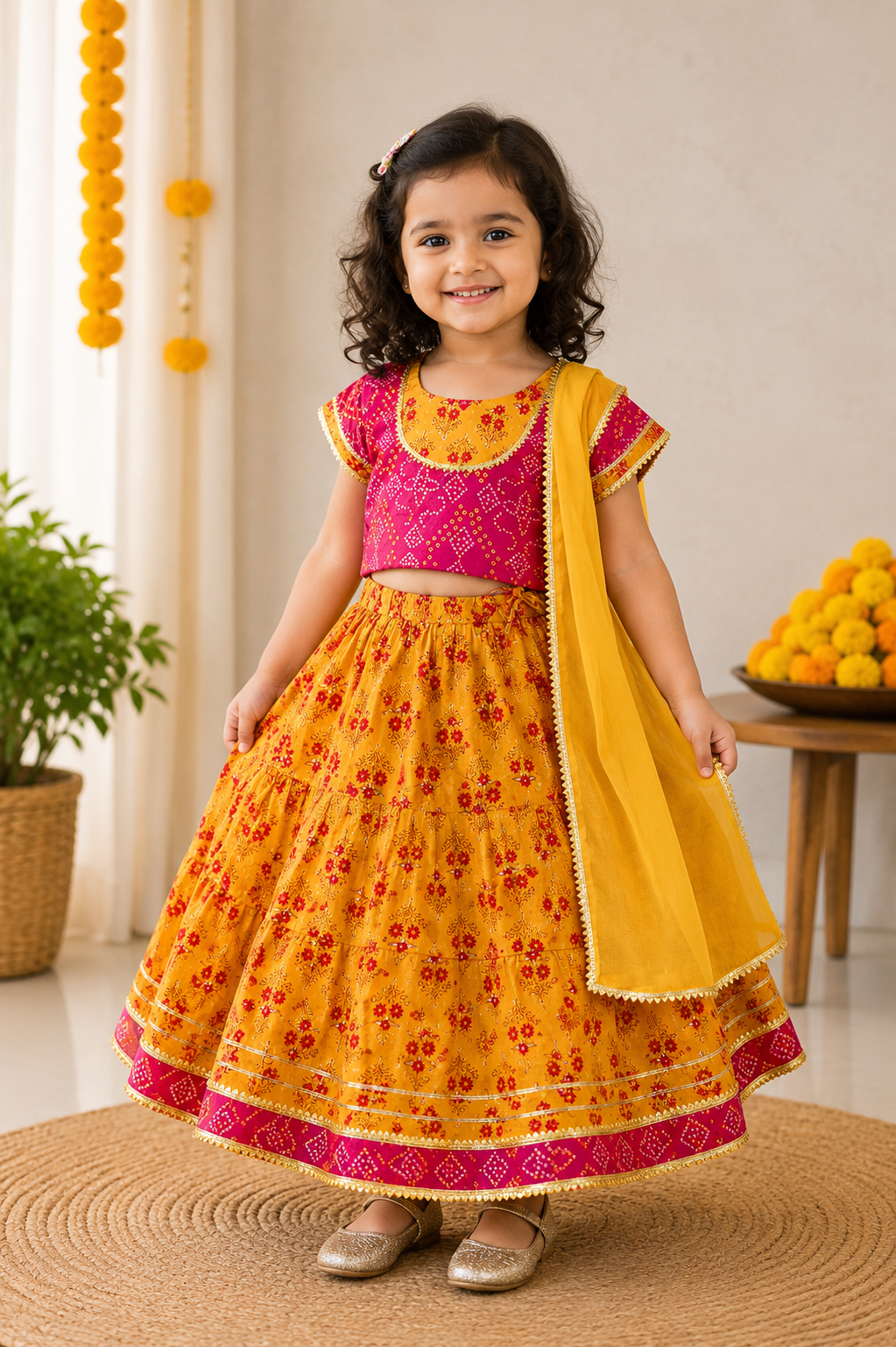 Mustard & Pink Lehenga Choli with Dupatta | Pure Cotton Ethnic Festive Wear Set