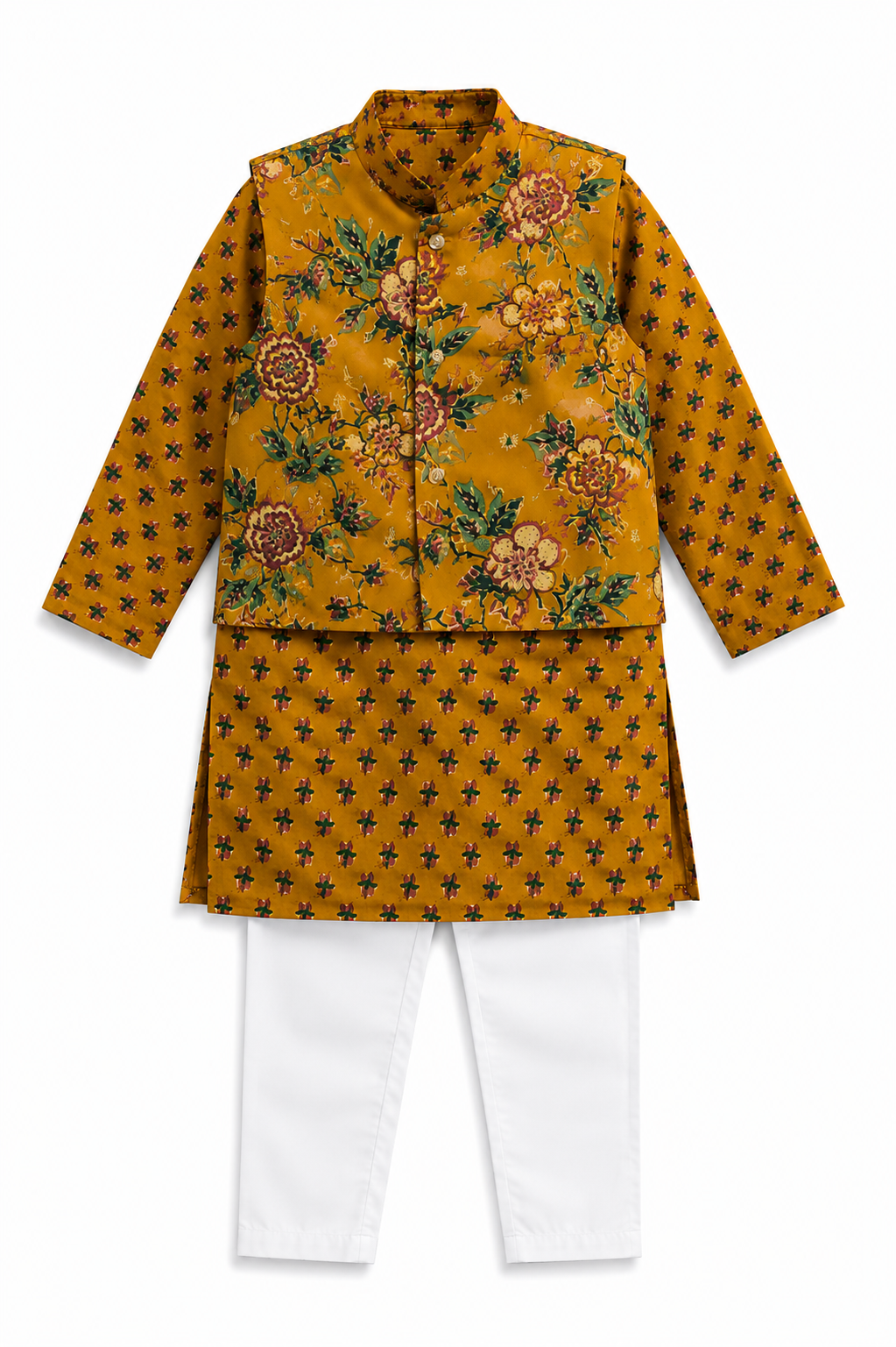 Mustard Floral Cotton Kurta Pajama Set with Printed Nehru Jacket