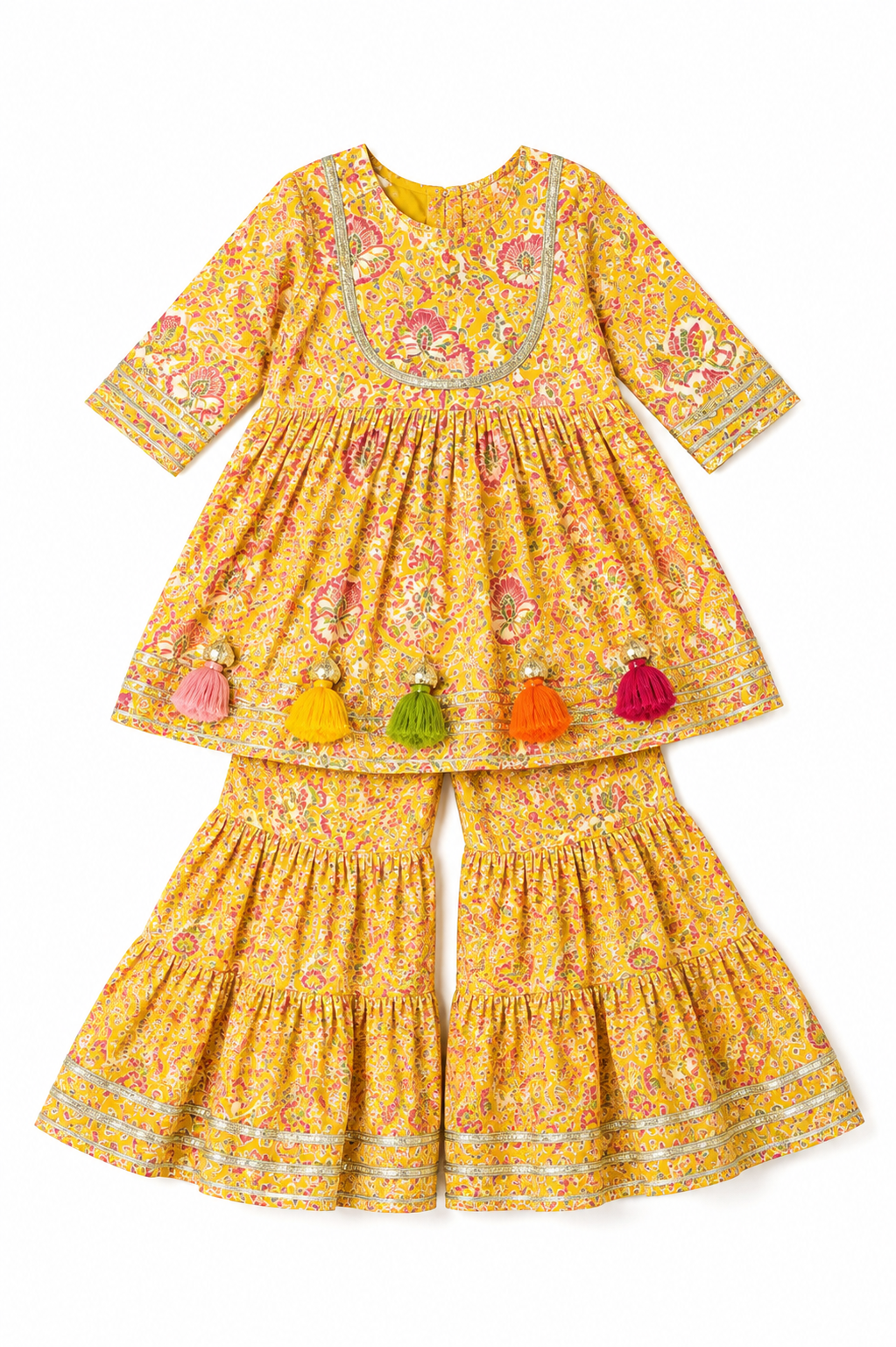 Yellow Floral Peplum Kurti & Sharara Set