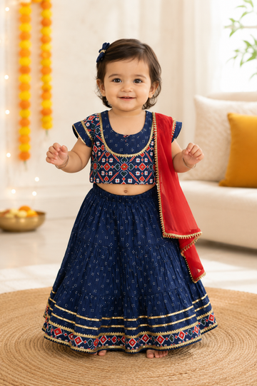 Navy Blue Lehenga Choli with Red Dupatta | Festive Ethnic Wear Set for Girls