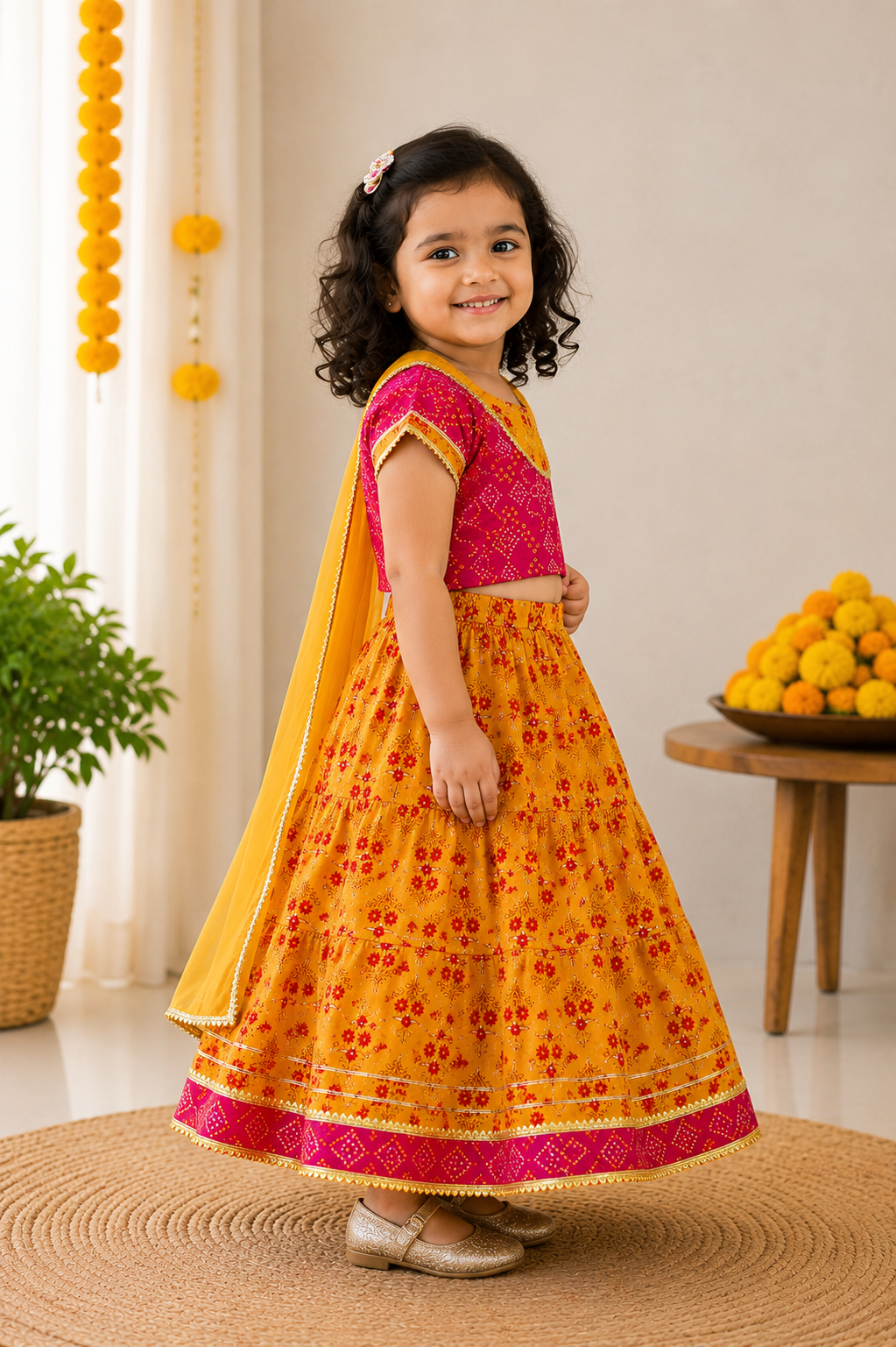 Mustard & Pink Lehenga Choli with Dupatta | Pure Cotton Ethnic Festive Wear Set