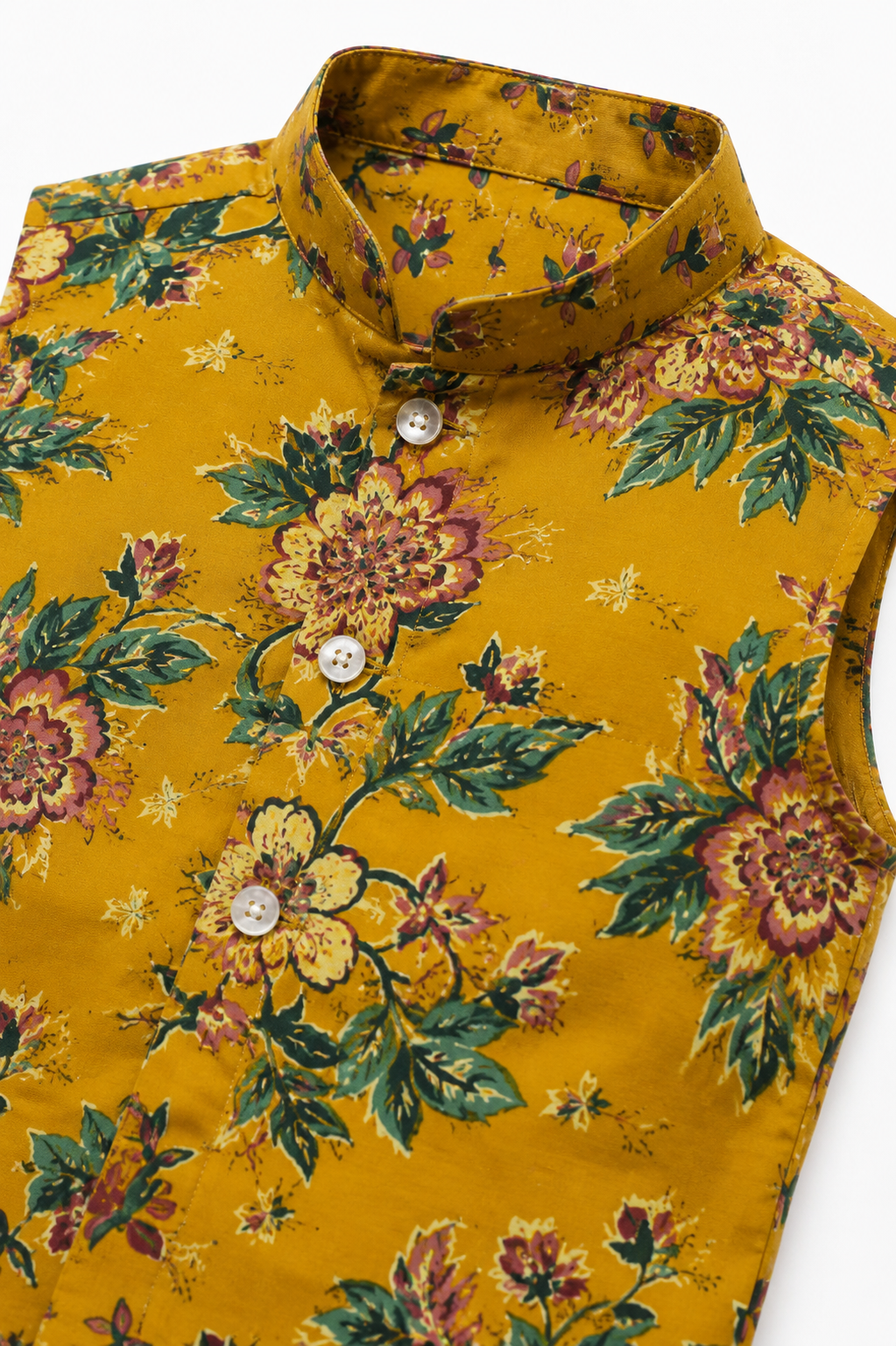 Mustard Floral Cotton Kurta Pajama Set with Printed Nehru Jacket