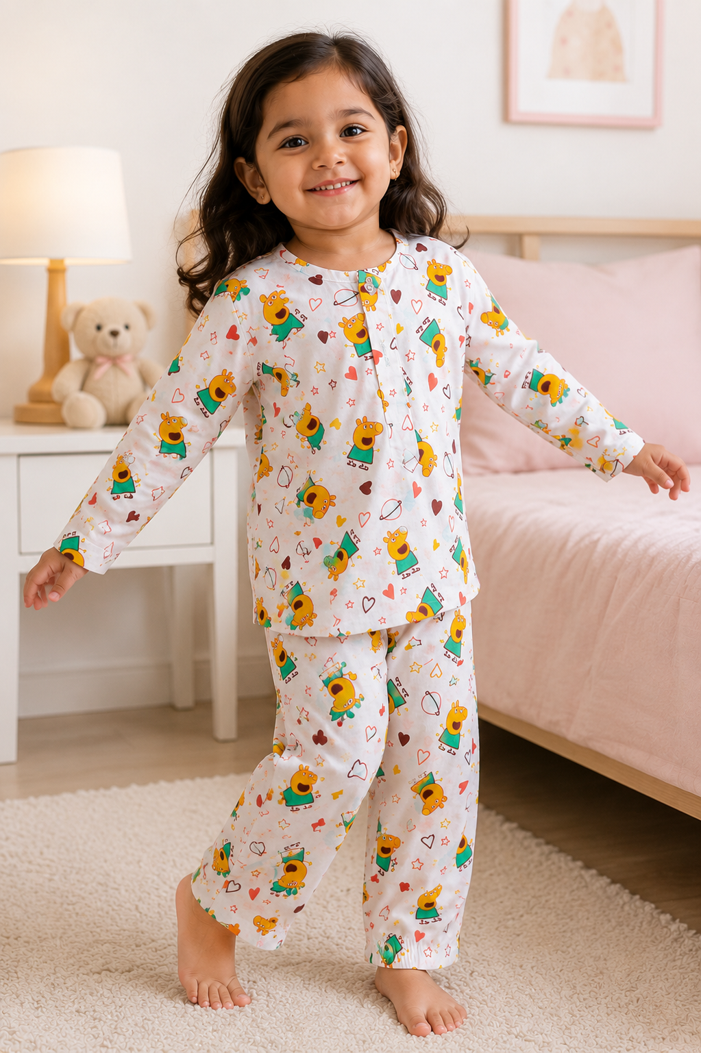 Cartoon Print Cotton Night Suit | Full Sleeve Top & Pyjama Set