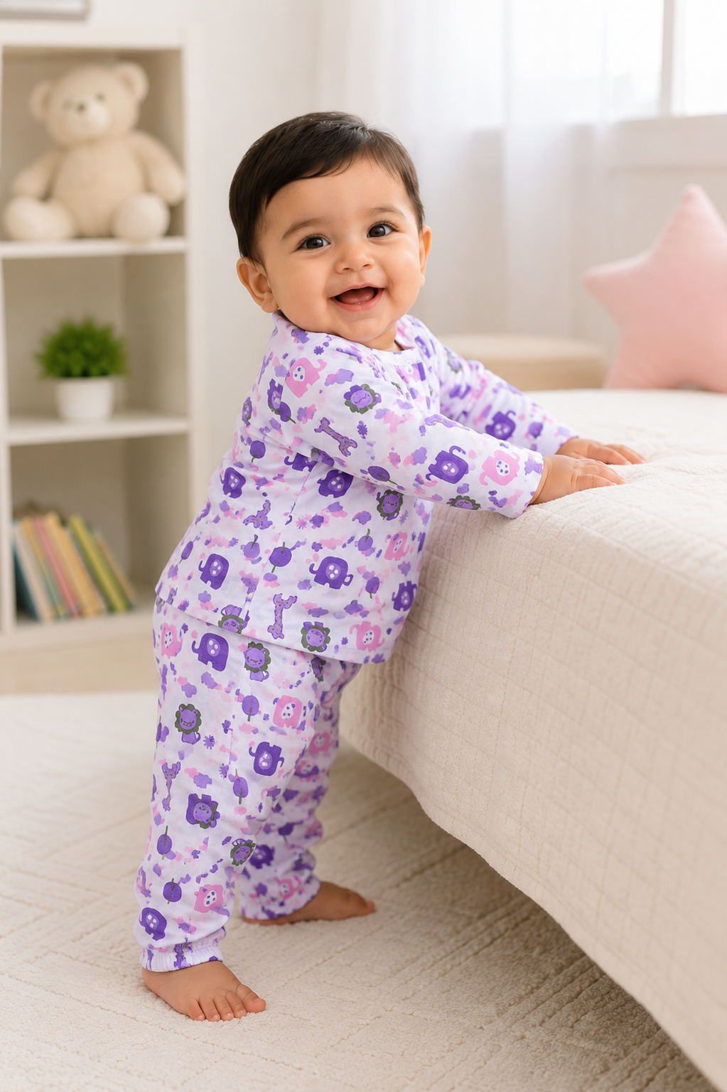 Lavender Animal Print Cotton Night Suit | Full Sleeve Top & Pyjama Set