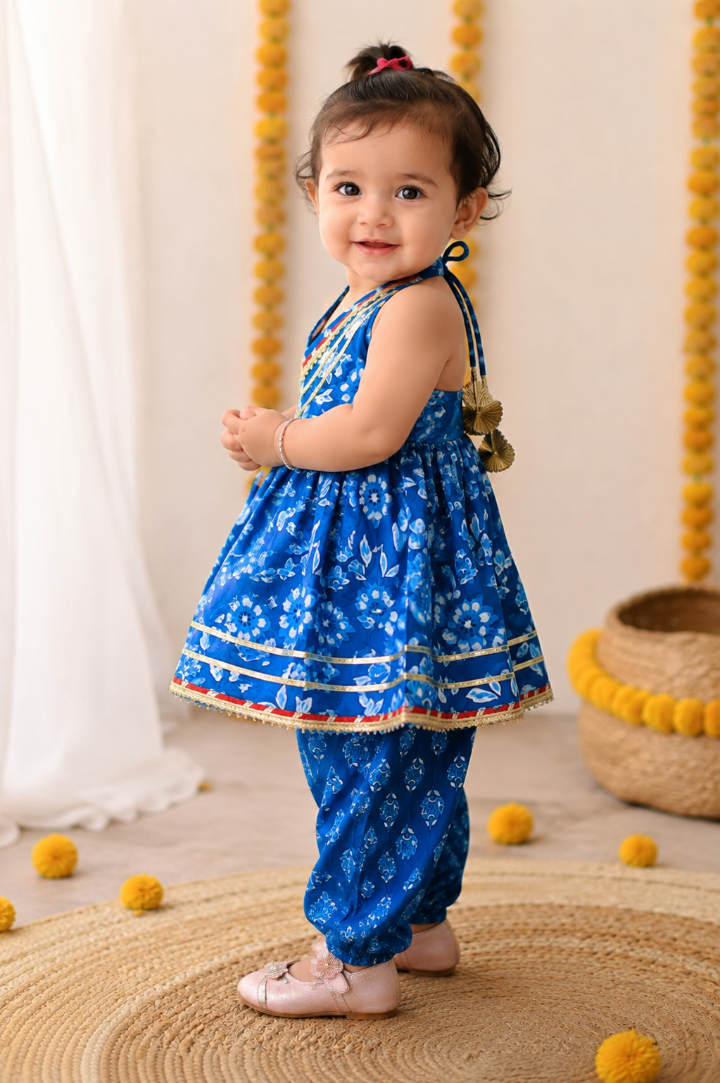 Blue Peplum Top with Dhoti Pants | Cotton Ethnic Set