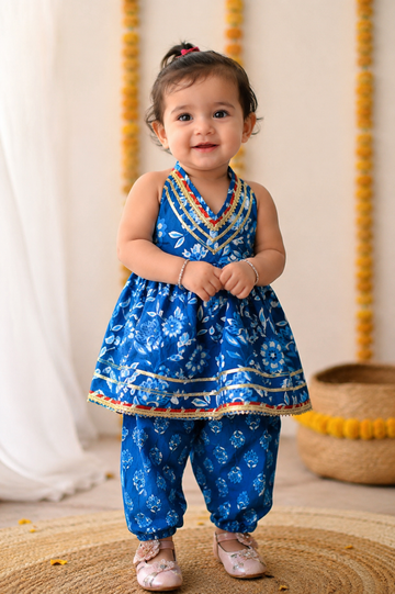 Blue Peplum Top with Dhoti Pants | Cotton Ethnic Set