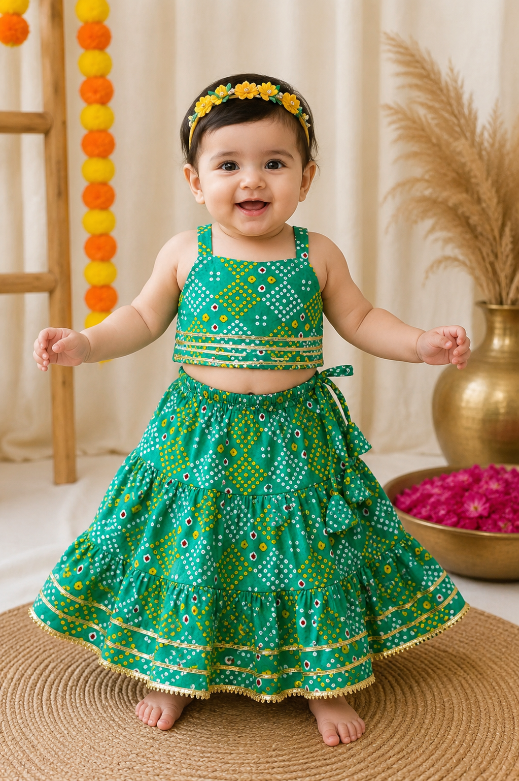 Green Bandhani Print Lehenga Choli | Cotton Festive Ethnic Wear Set for Infants & Toddlers